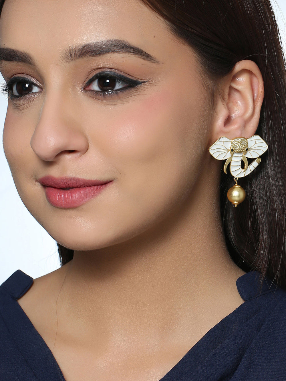 Gold-Matte White Meenakari Elephant Earrings