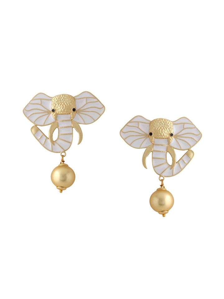 Gold-Matte White Meenakari Elephant Earrings