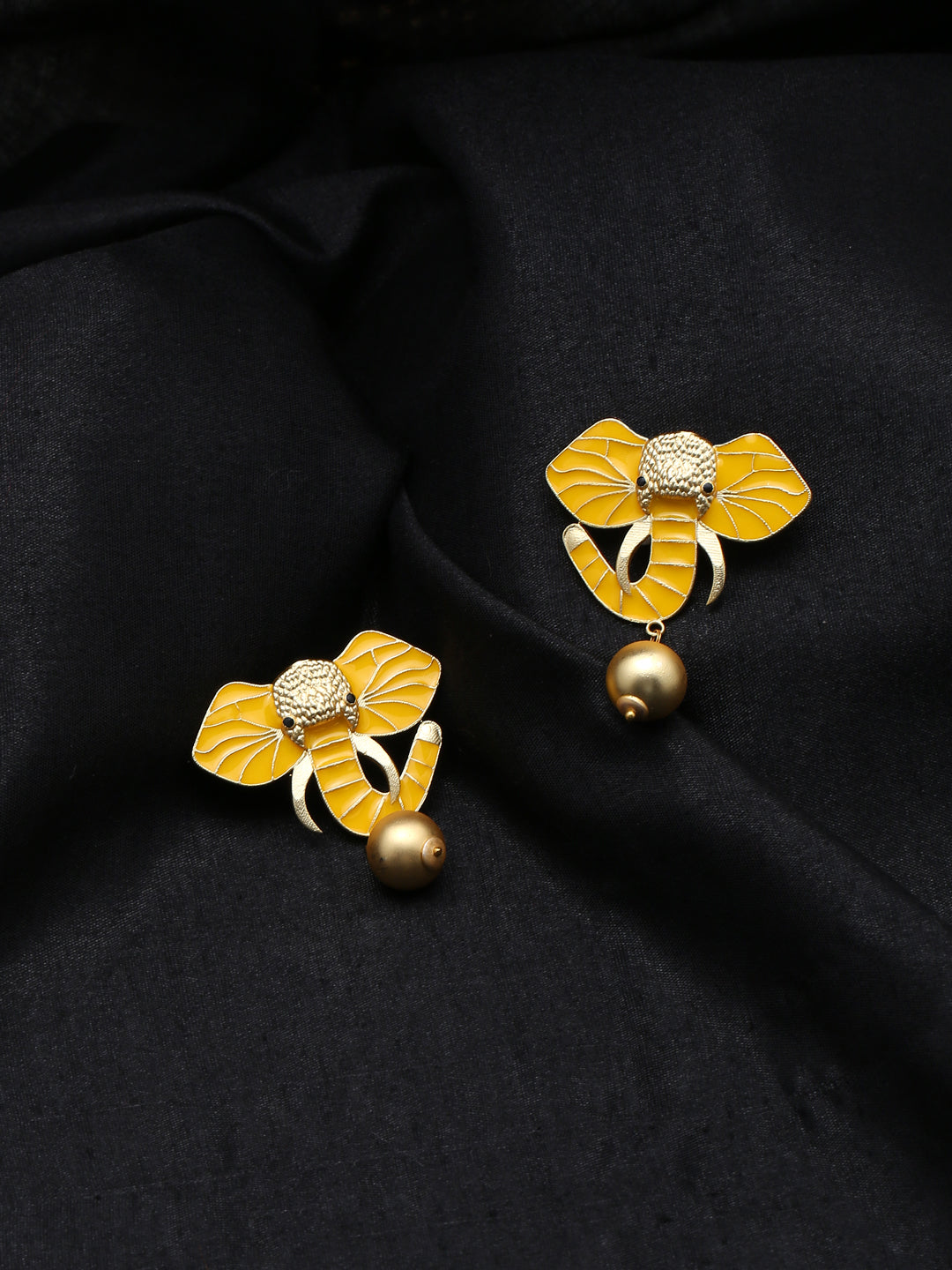 Gold-Matte Yellow Meenakari Elephant Earrings