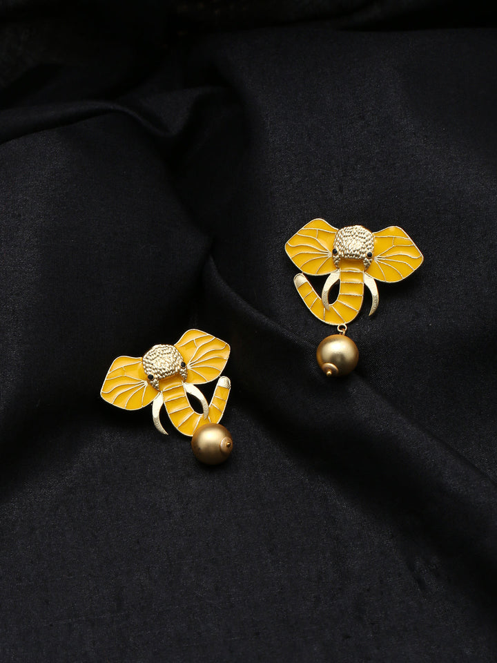 Gold-Matte Yellow Meenakari Elephant Earrings