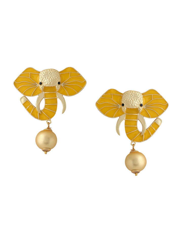 Gold-Matte Yellow Meenakari Elephant Earrings