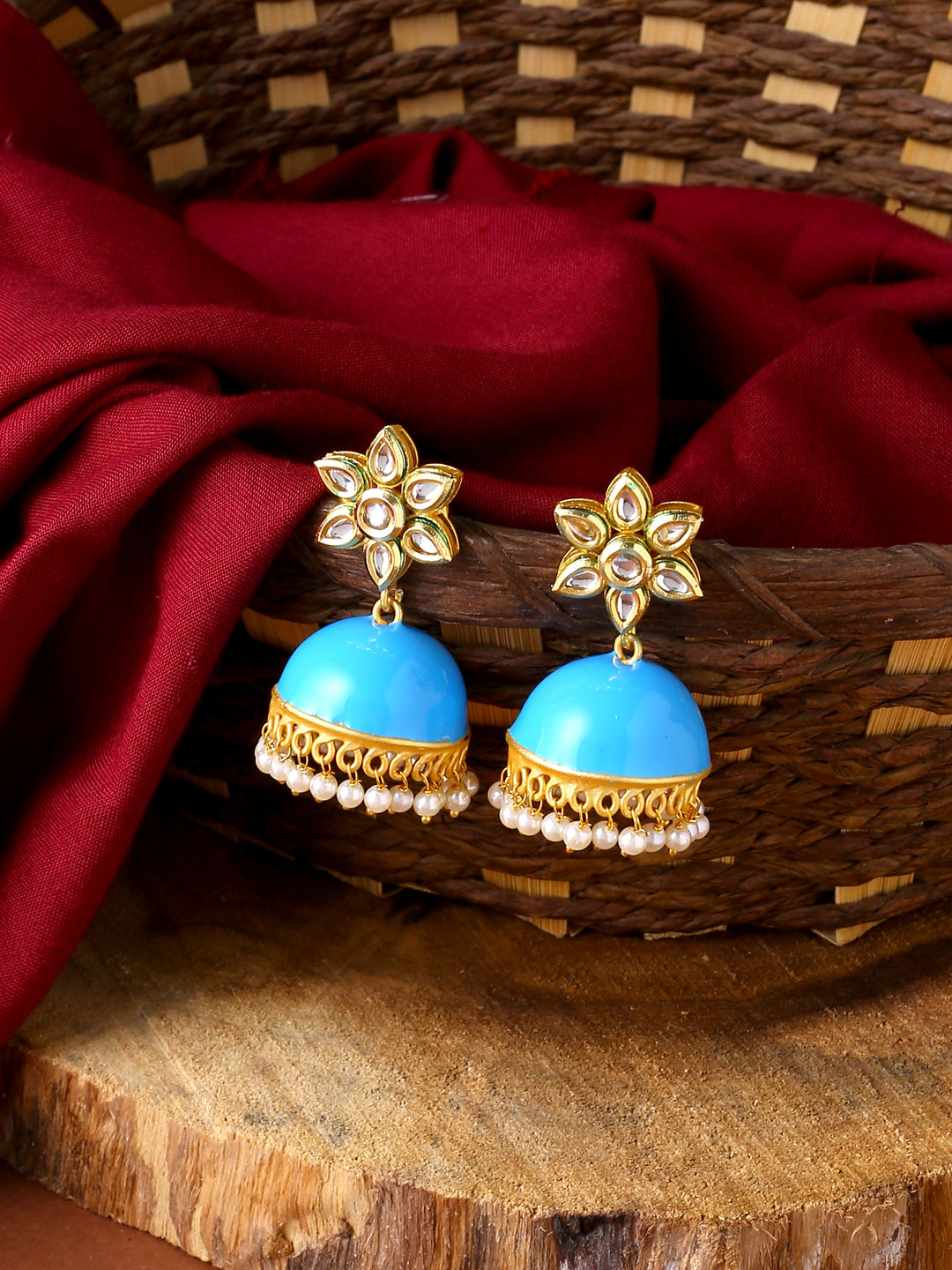 Gold Plated Blue Kundan & Pearls Jhumka