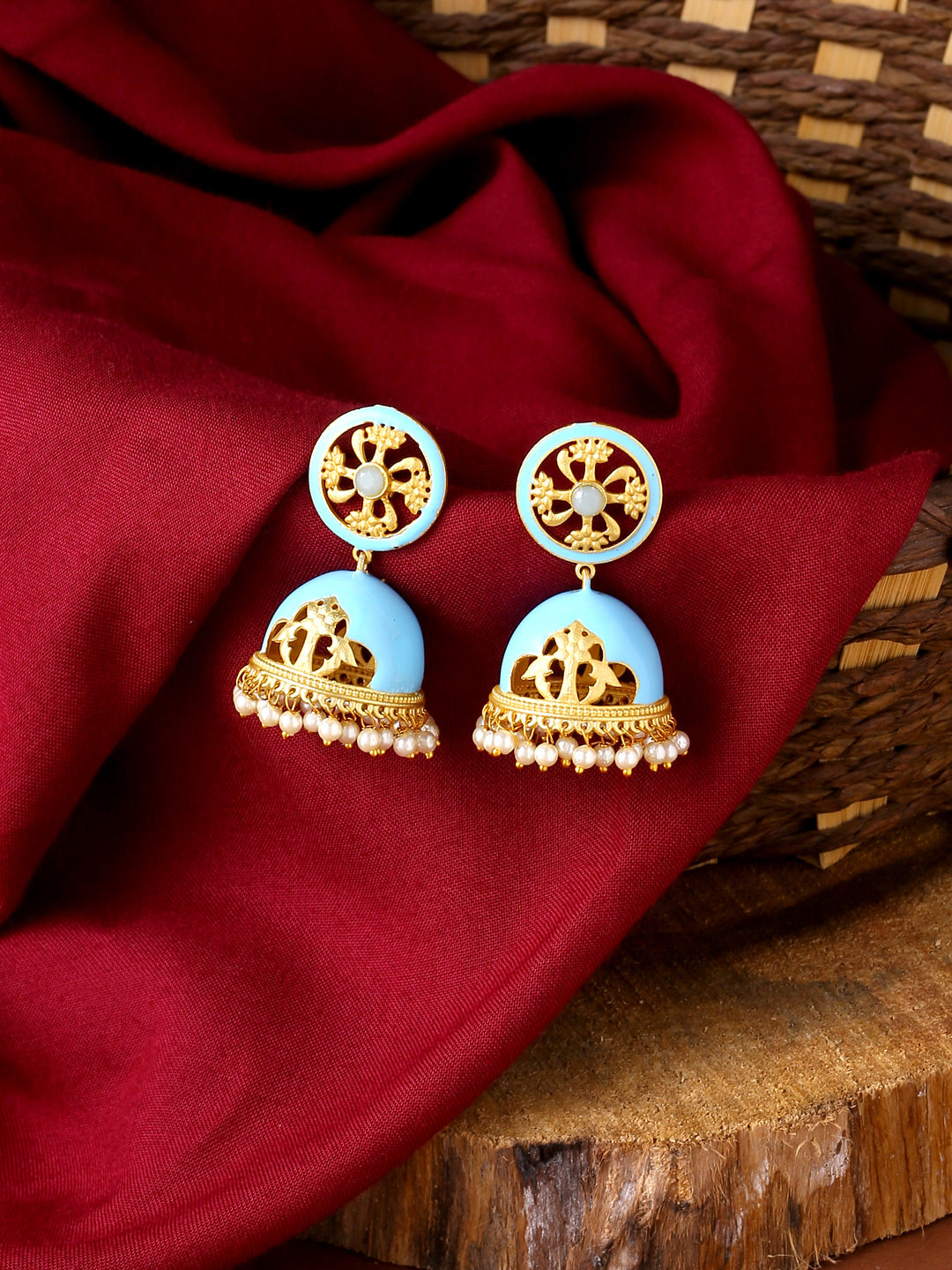 Gold Plated Blue Meenakari & Pearls Jhumka