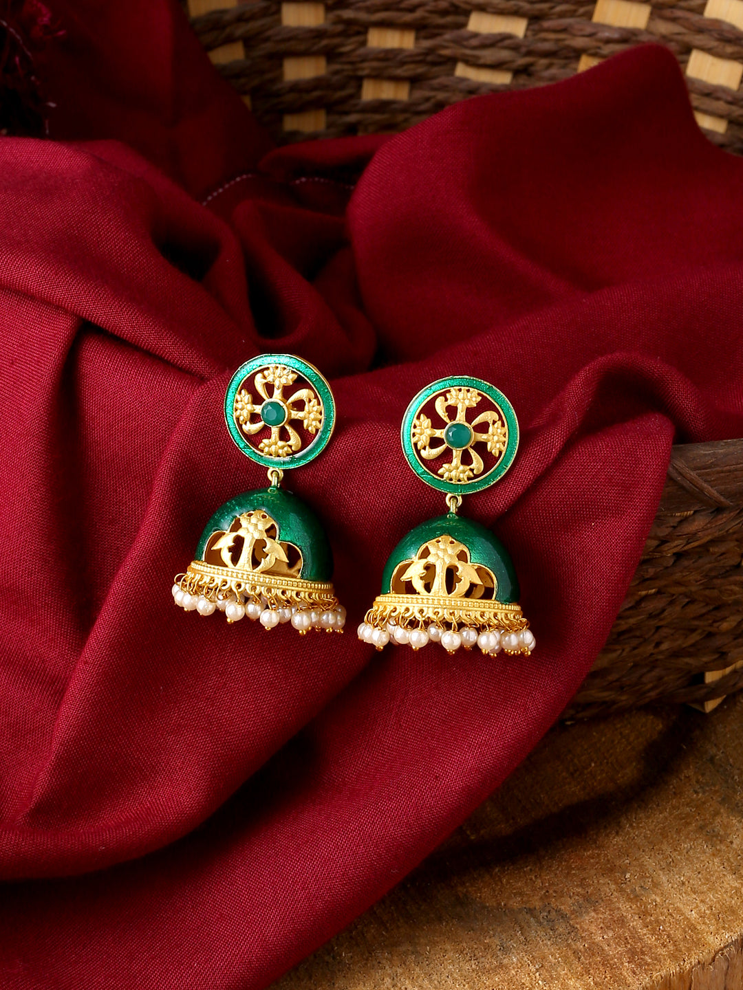 Gold Plated Green Meenakari & Pearls Jhumka