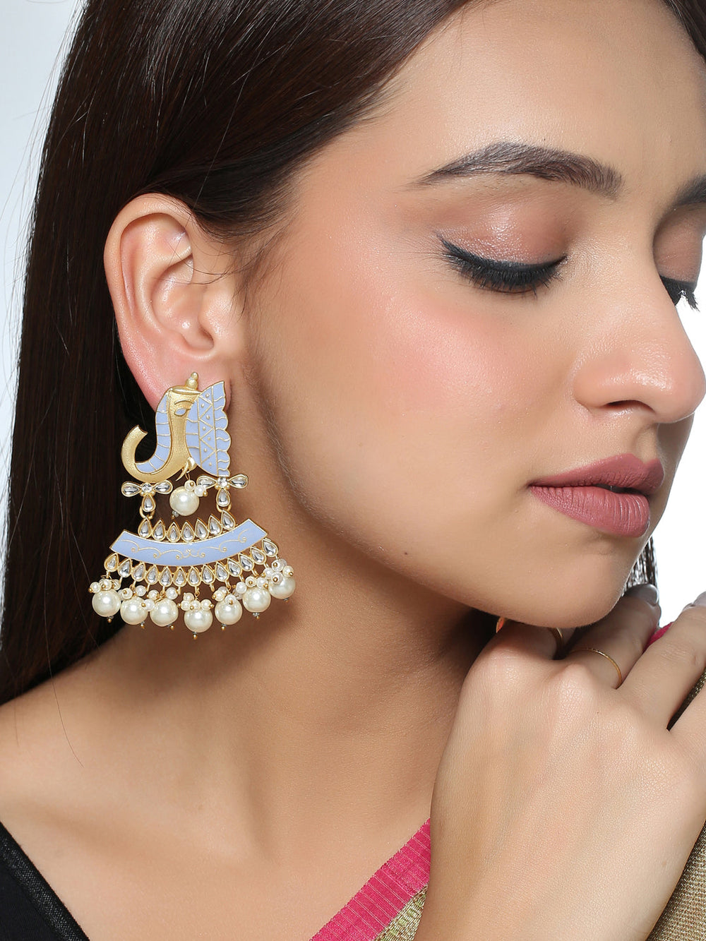 Gold Plated Light Grey Meenakari Earrings