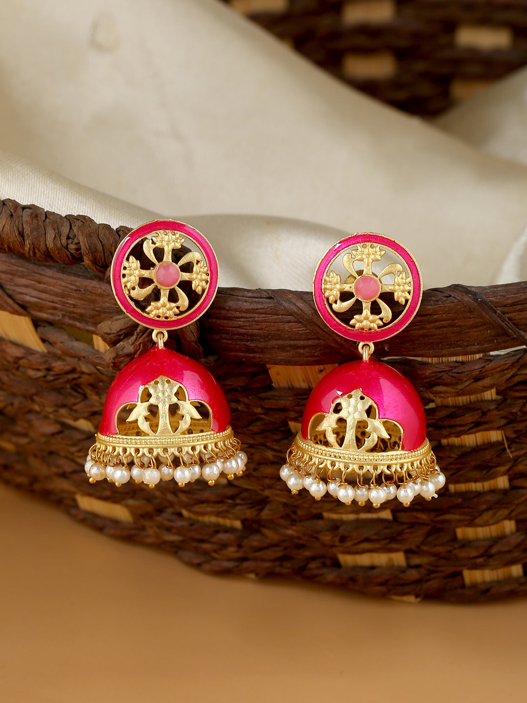 Gold Plated Pink Meenakari & Pearls Jhumka