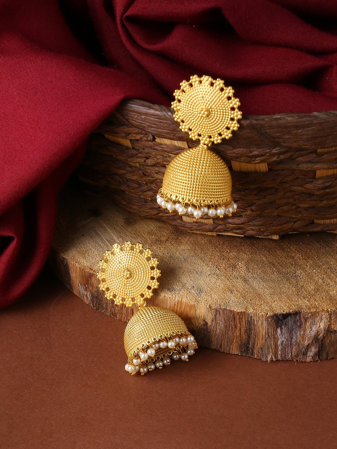 Golden Matte Sun Earrings With Pearl Work