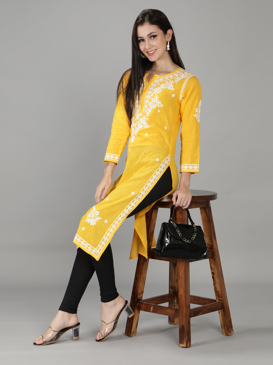 Golden Yellow Cotton Straight Chikan Kurta