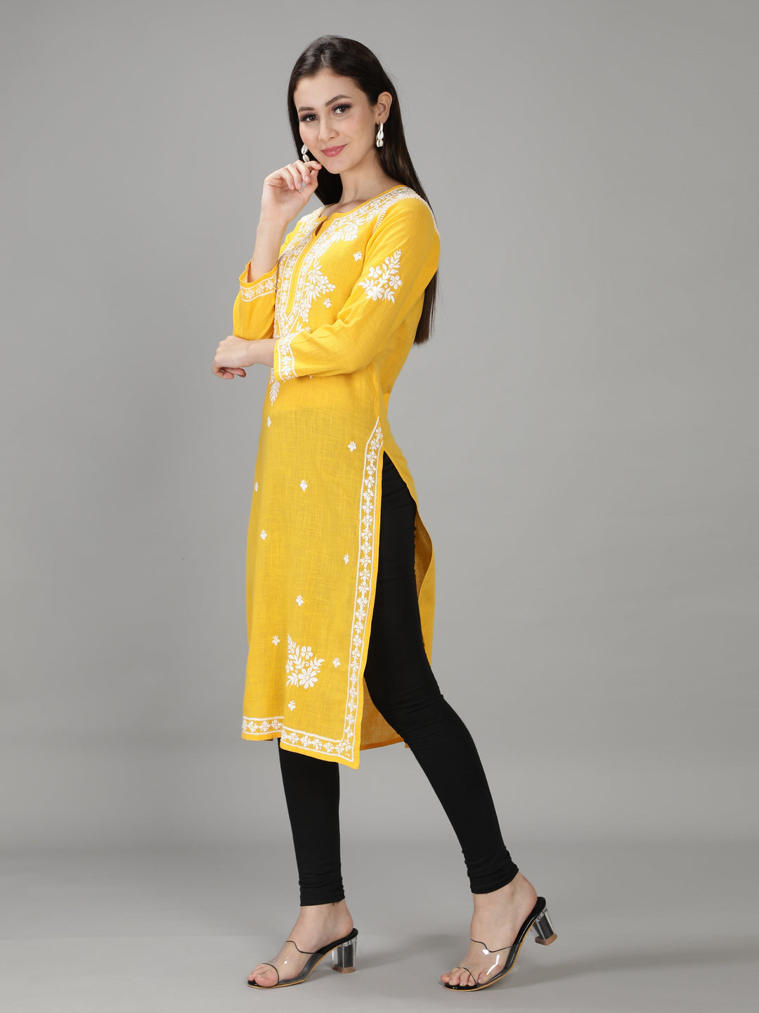 Golden Yellow Cotton Straight Chikan Kurta