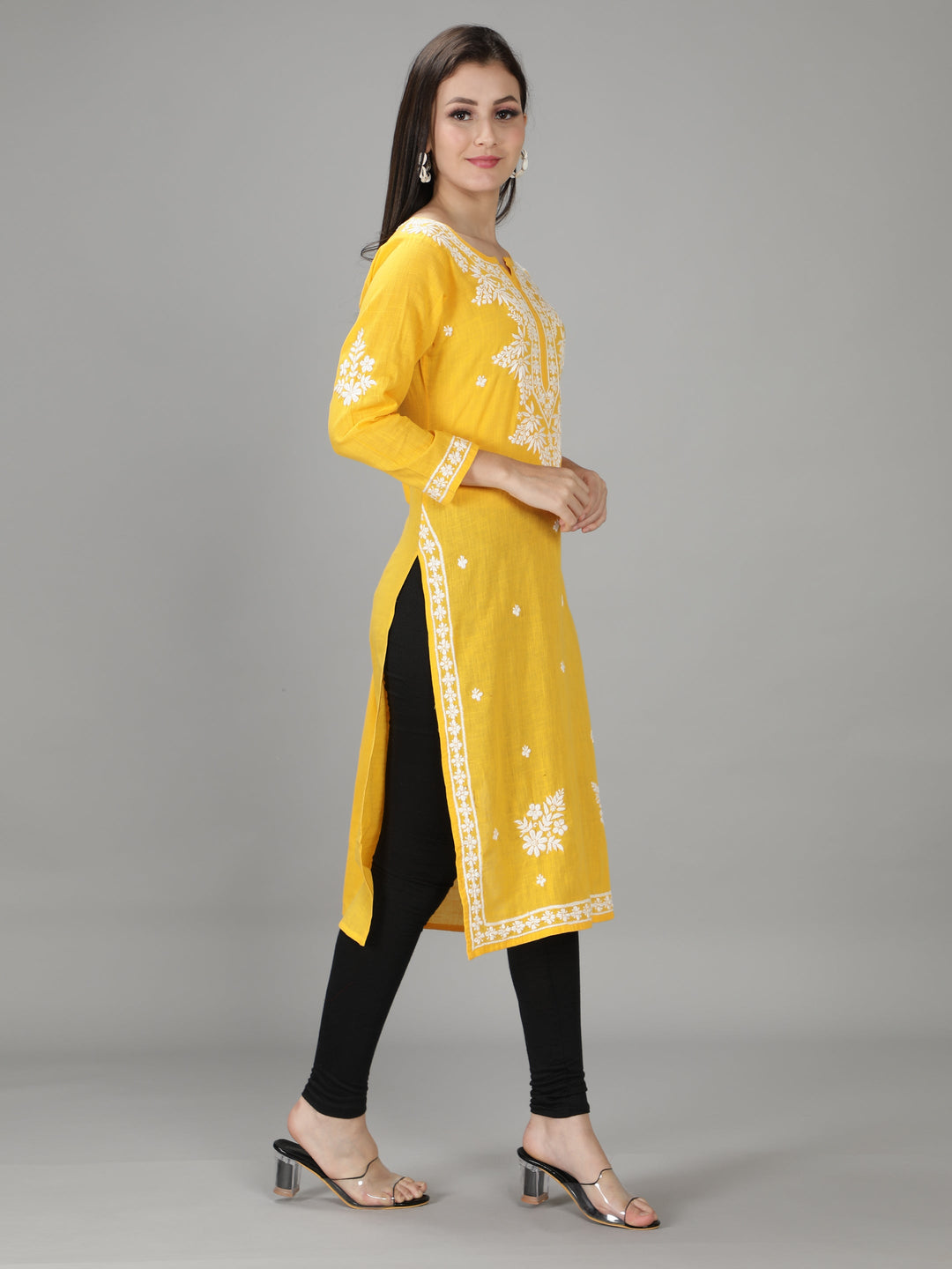 Golden Yellow Cotton Straight Chikan Kurta