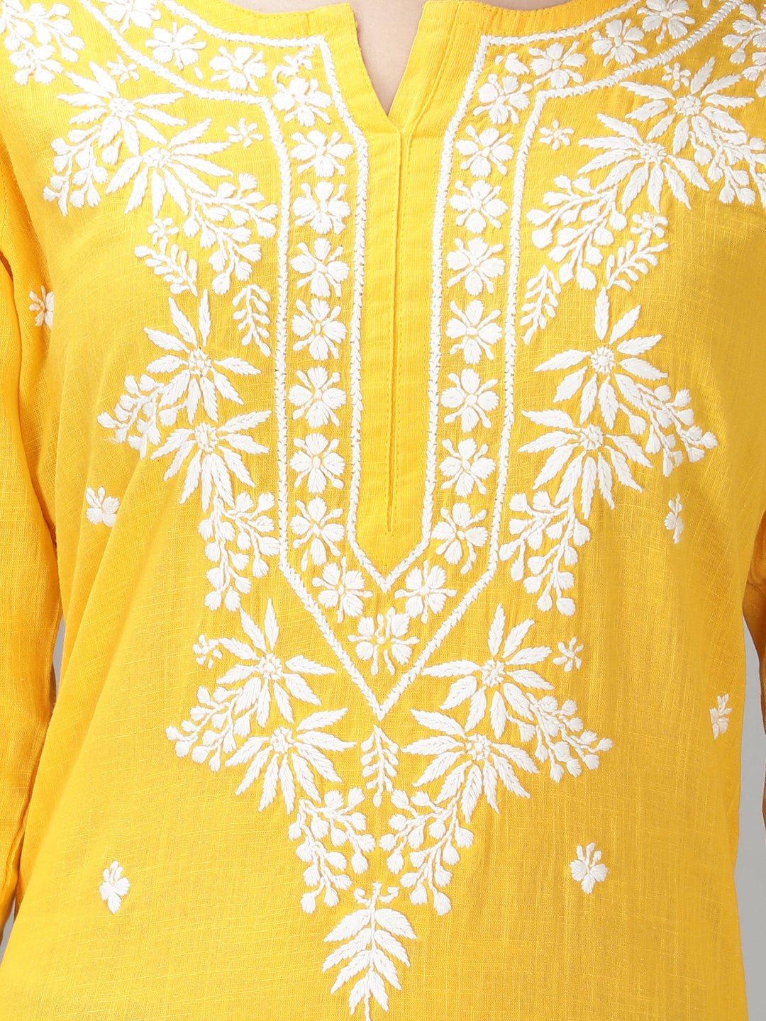 Golden Yellow Cotton Straight Chikan Kurta