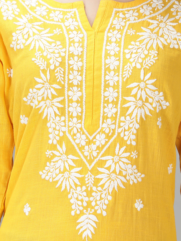 Golden Yellow Cotton Straight Chikan Kurta