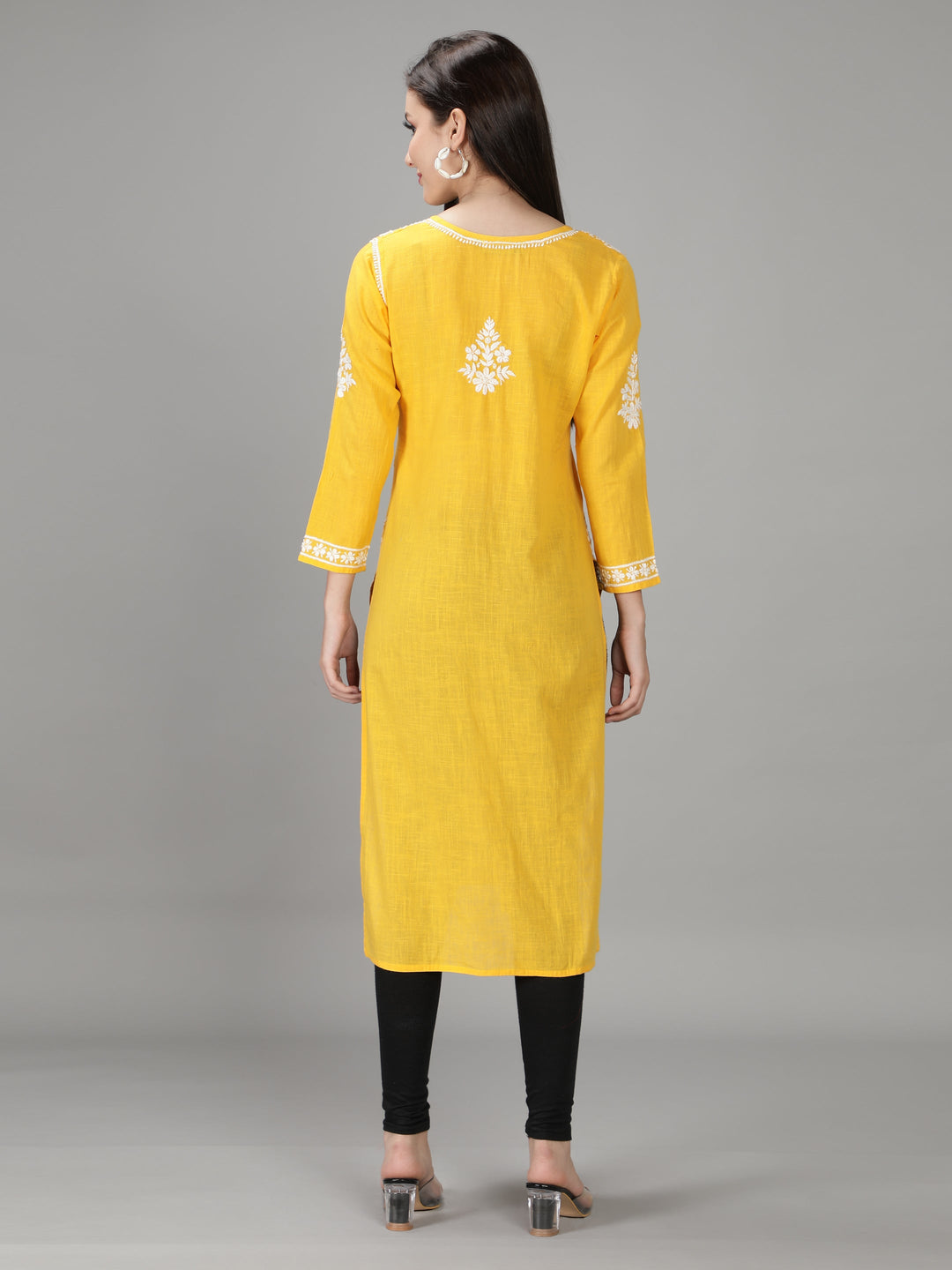 Golden Yellow Cotton Straight Chikan Kurta