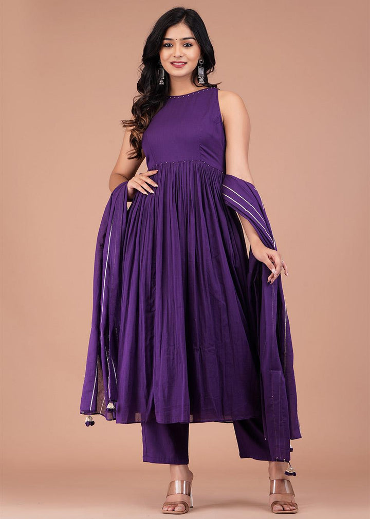 Grape Purple Halter Neck Anarkali (Set of 3)