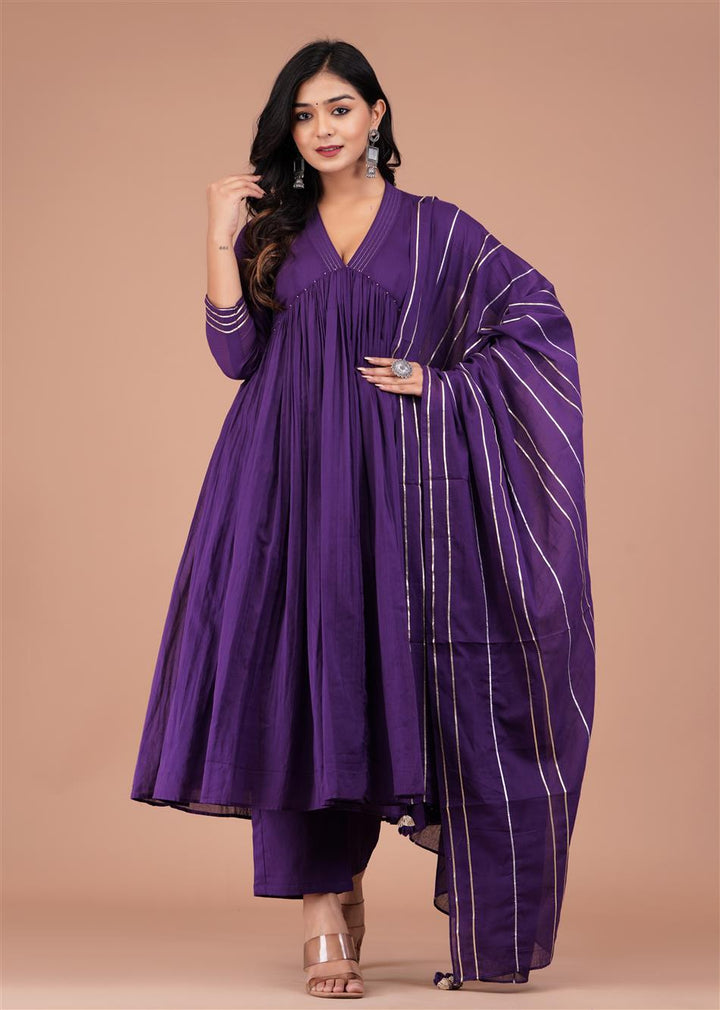 Grape Purple V-Neck Anarkali Set (Set of 3)