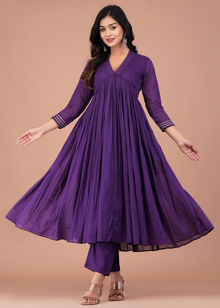 Grape Purple V-Neck Anarkali Set (Set of 3)