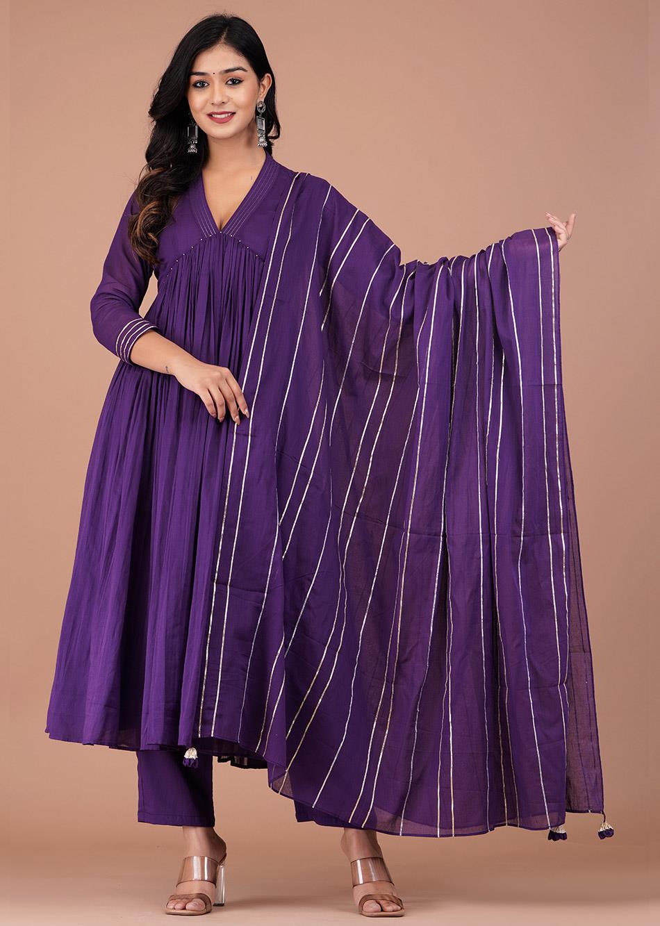 Grape Purple V-Neck Anarkali Set (Set of 3)