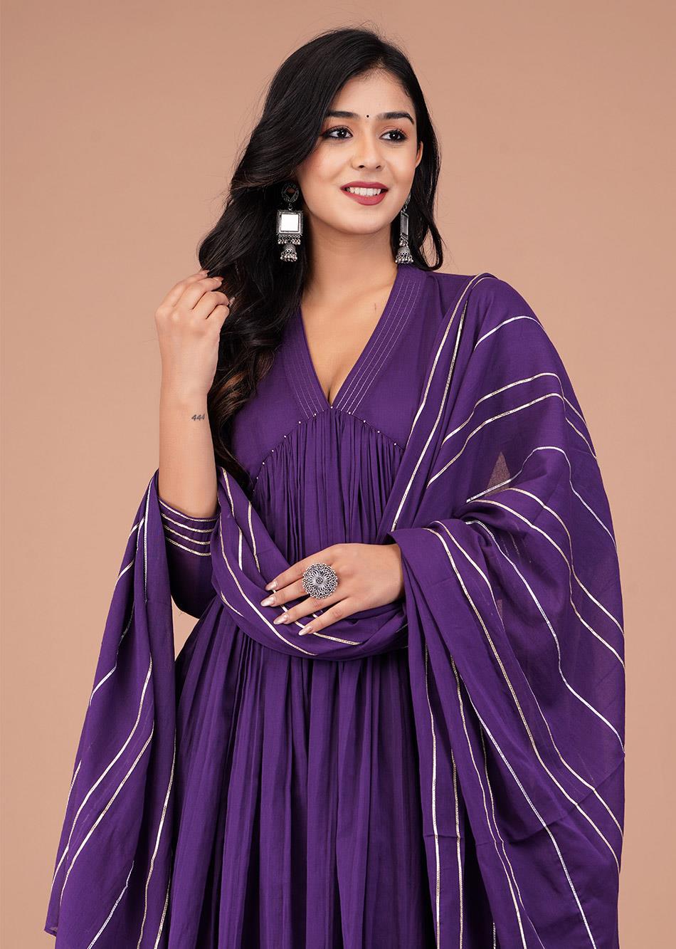 Grape Purple V-Neck Anarkali Set (Set of 3)