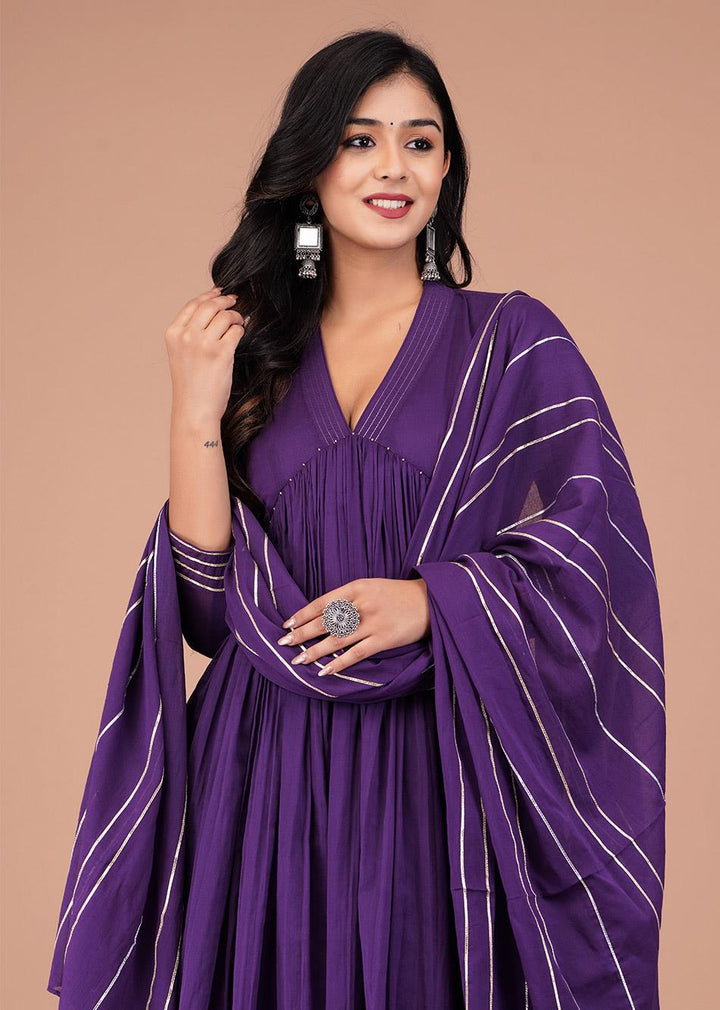 Grape Purple V-Neck Anarkali Set (Set of 3)