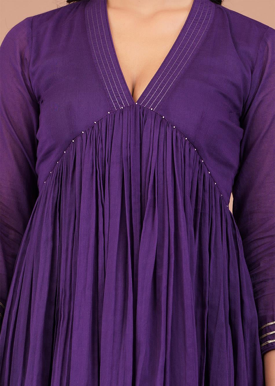 Grape Purple V-Neck Anarkali Set (Set of 3)