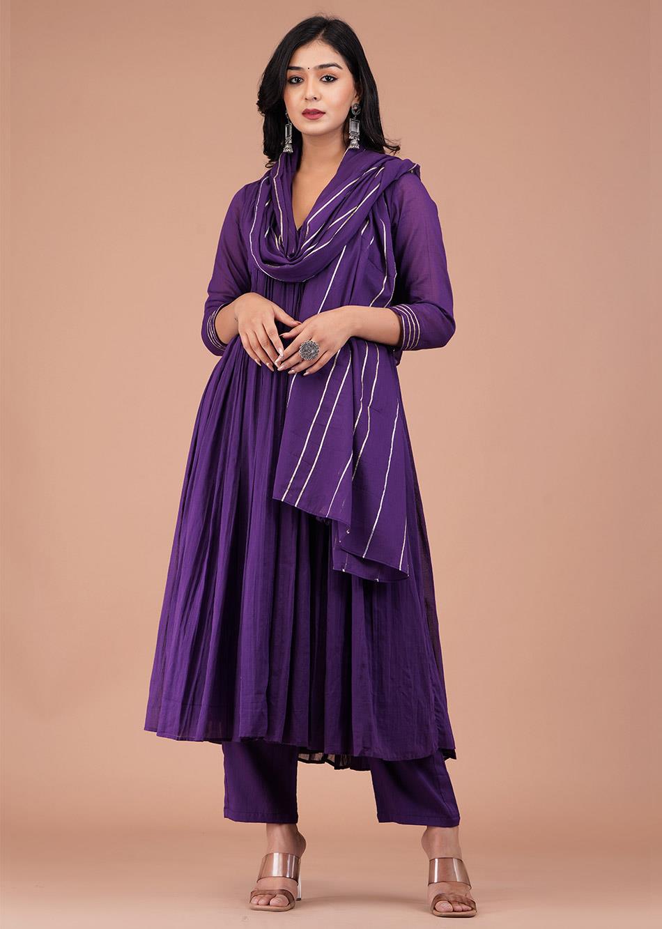 Grape Purple V-Neck Anarkali Set (Set of 3)