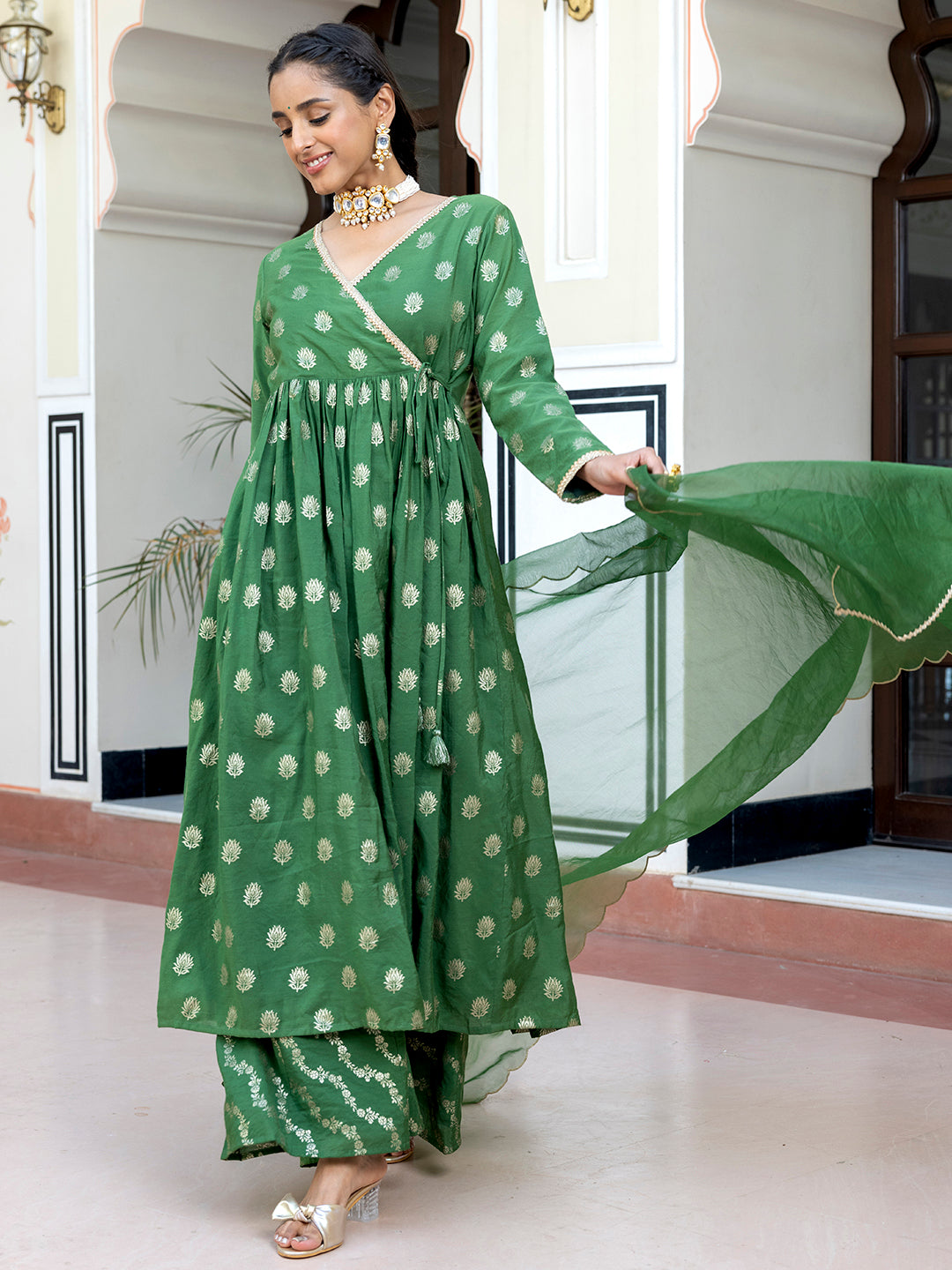 Green Brocade Foil Print Angrakha Kurta Suit Set ZERESOUQ.COM