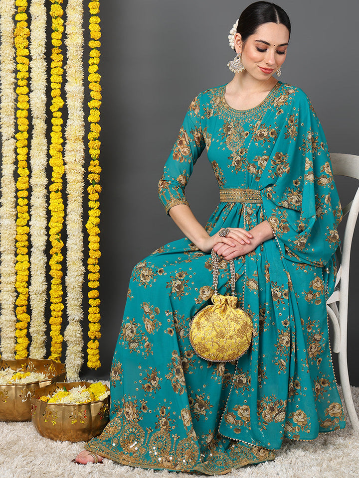 ZERESOUQ-Teal-Green-Georgette-Floral-Printed-3-Piece-Anarkali-Set