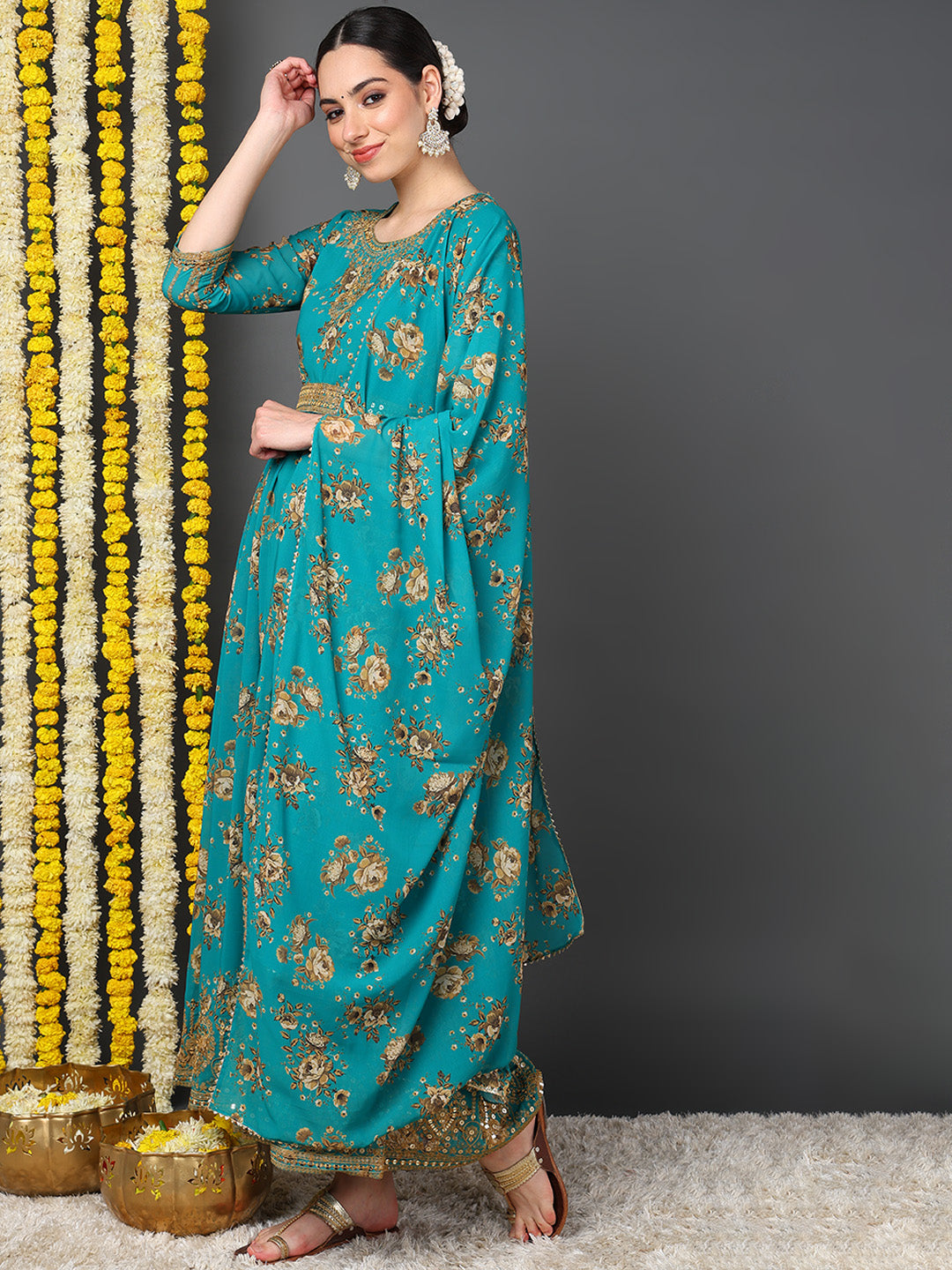 ZERESOUQ-Teal-Green-Georgette-Floral-Printed-3-Piece-Anarkali-Set