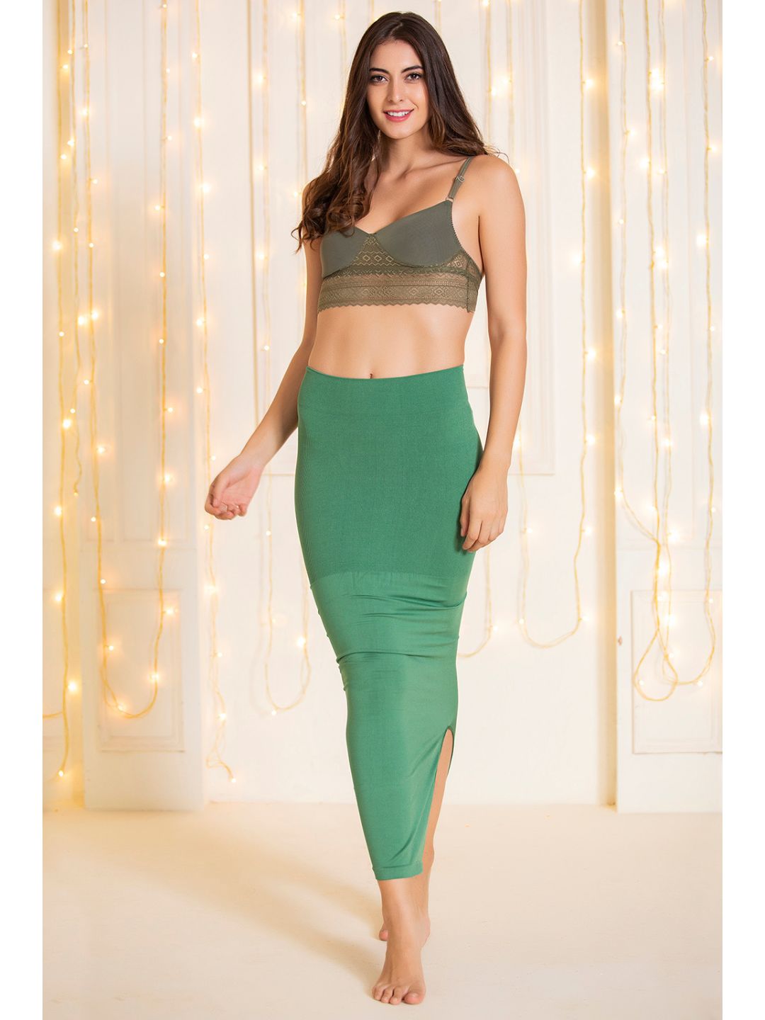 Green Nylon Spandex Side Slit Saree Shapewear