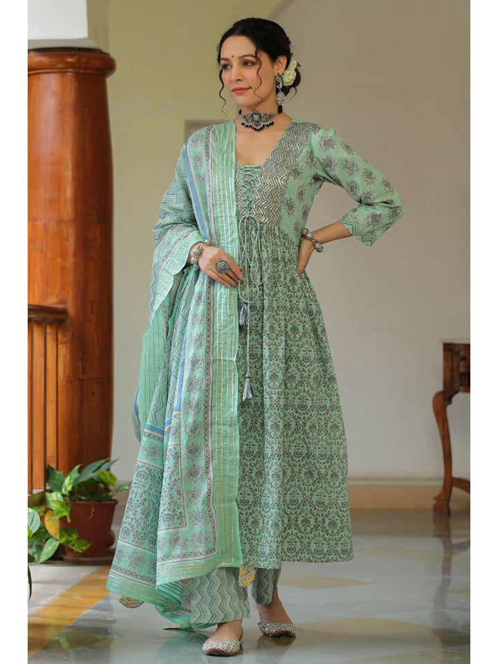 Green Orchid Printed Cotton Kalidar Suit Set