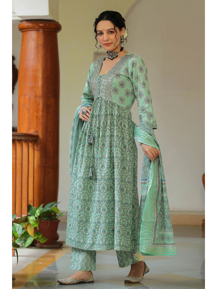 Green Orchid Printed Cotton Kalidar Suit Set