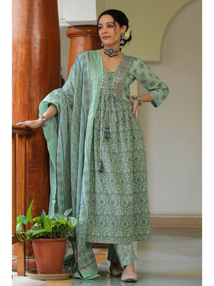 Green Orchid Printed Cotton Kalidar Suit Set