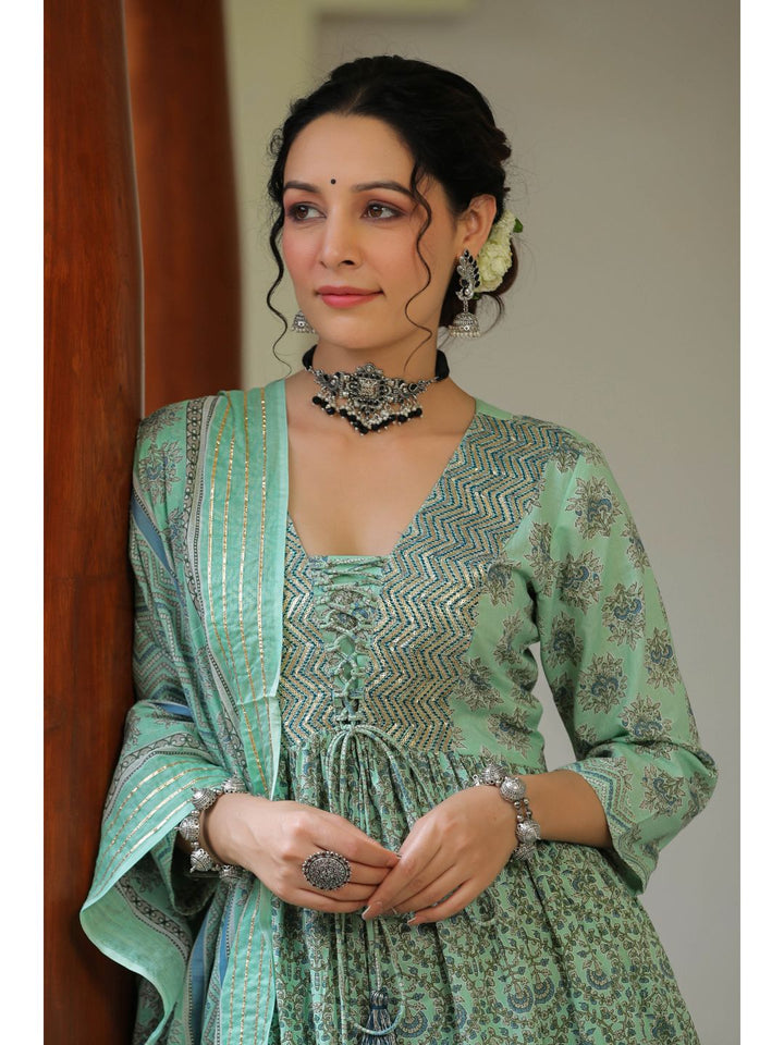 Green Orchid Printed Cotton Kalidar Suit Set