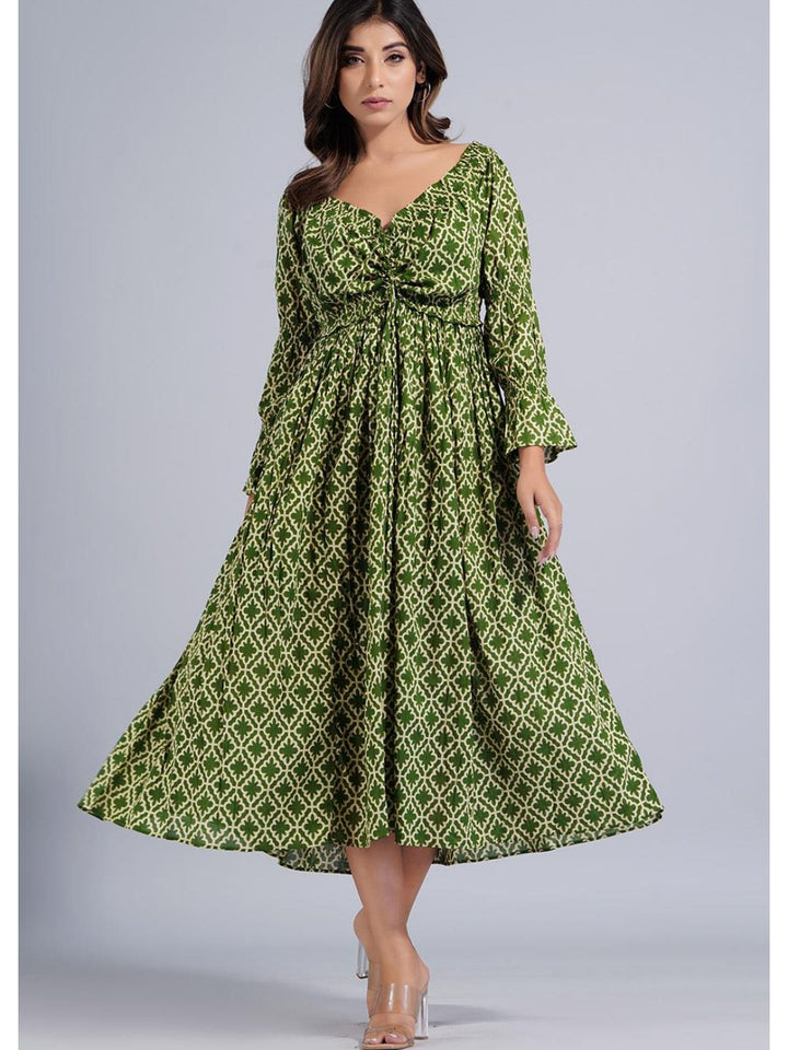 Green Printed Bateau Neckline Maxi Dress