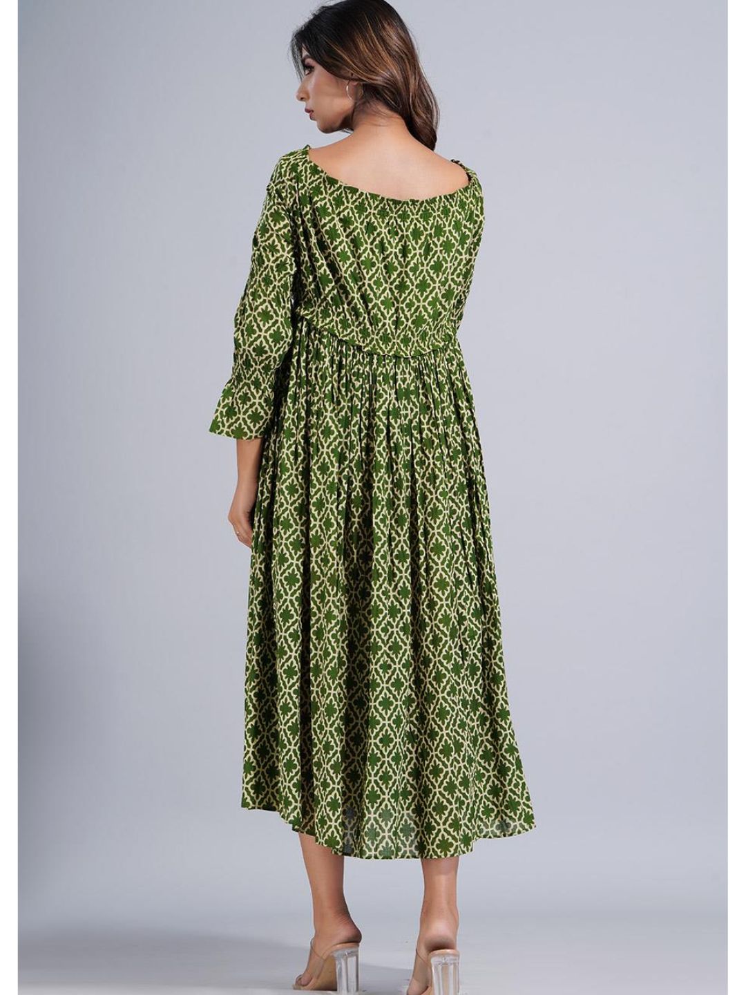 Green Printed Bateau Neckline Maxi Dress