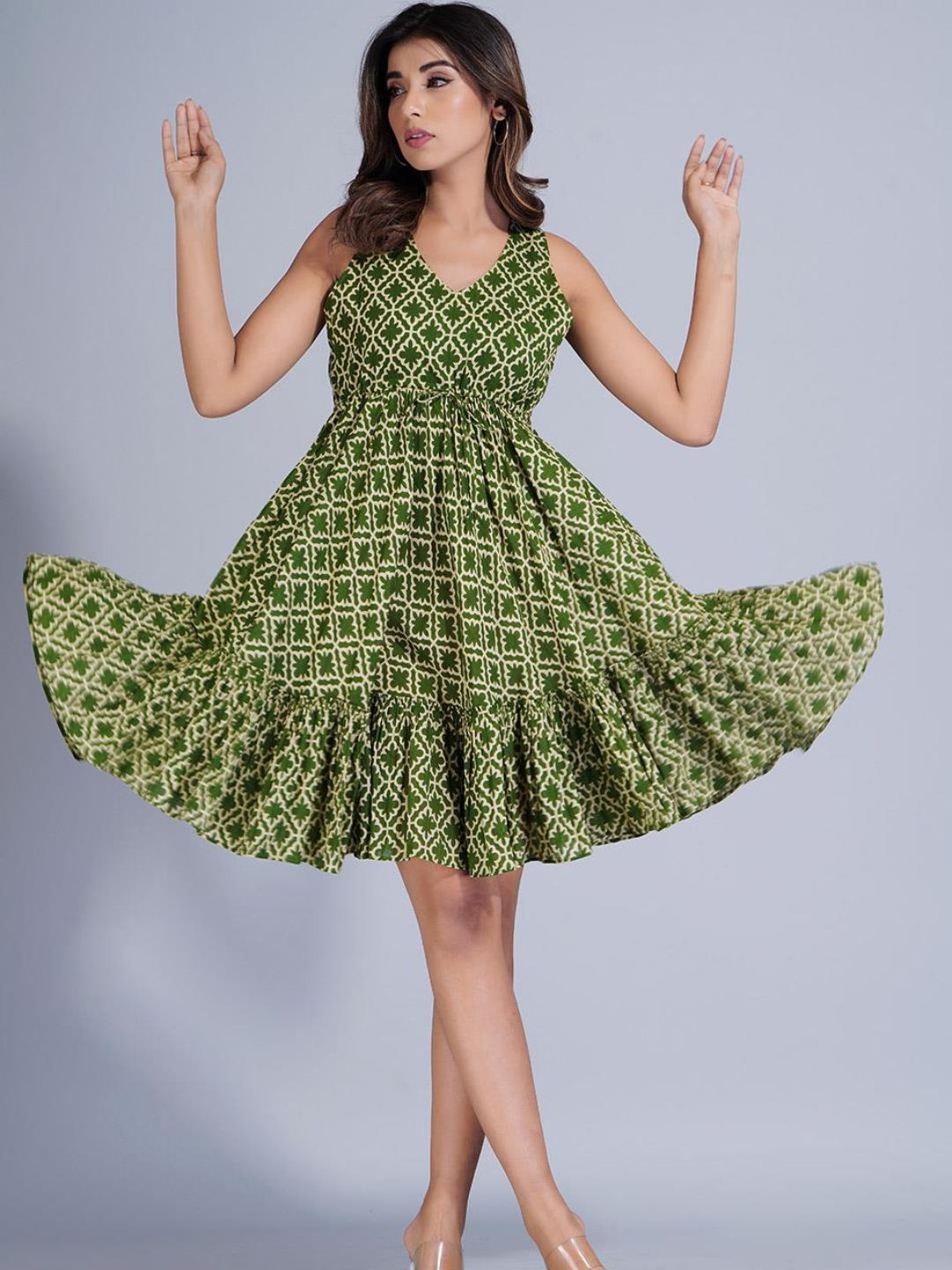 Green Printed Gathered Short Tiered Dress