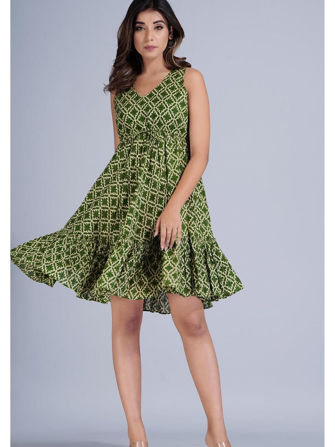 Green Printed Gathered Short Tiered Dress