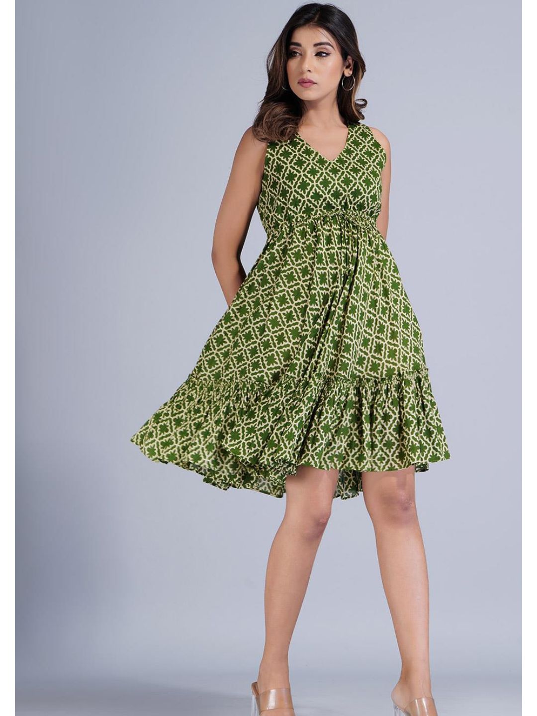 Green Printed Gathered Short Tiered Dress