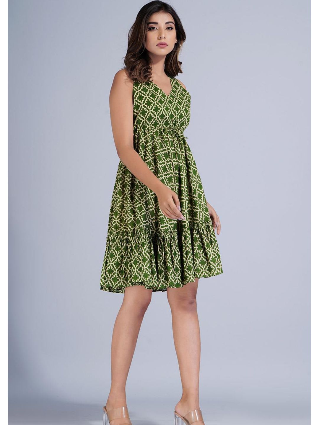 Green Printed Gathered Short Tiered Dress