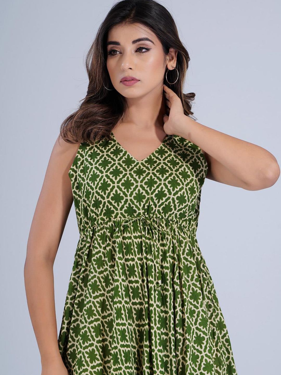 Green Printed Gathered Short Tiered Dress