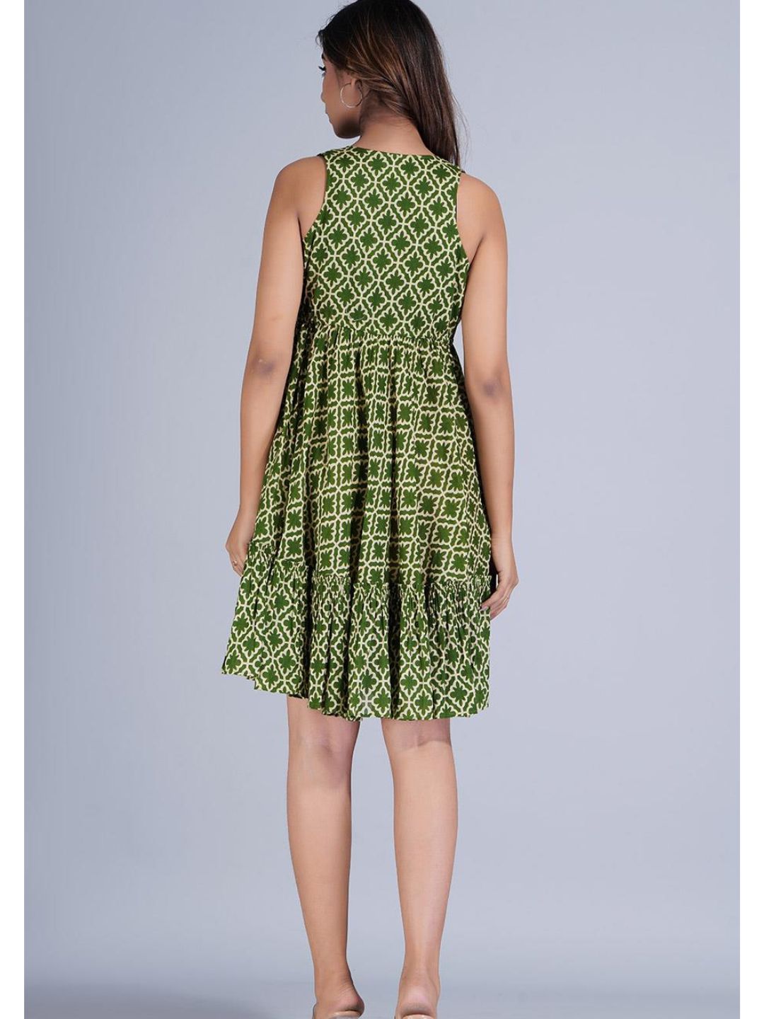 Green Printed Gathered Short Tiered Dress