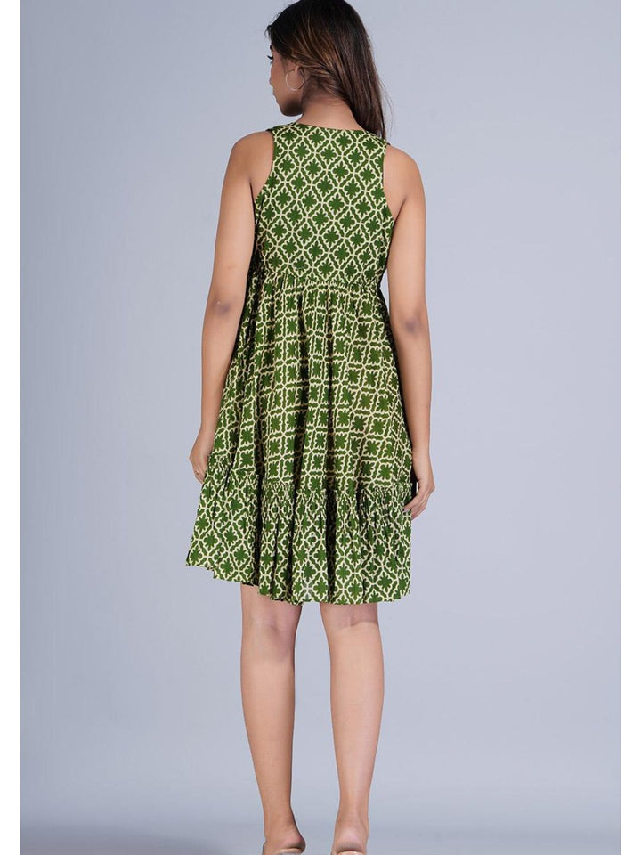Green Printed Gathered Short Tiered Dress
