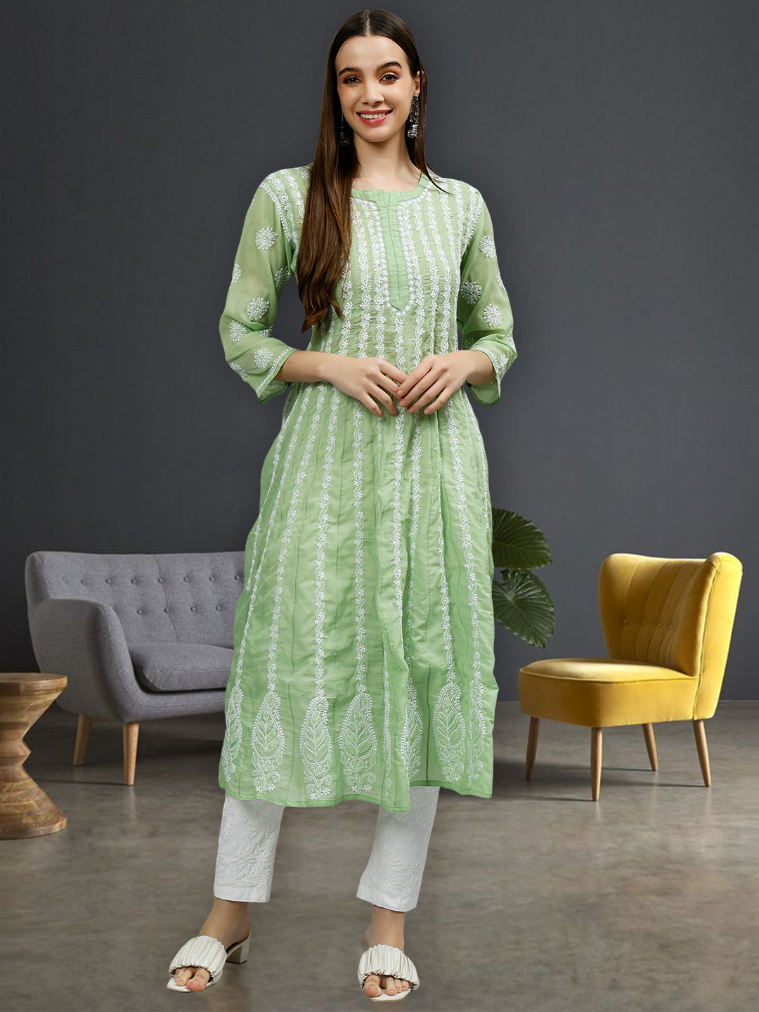 Green-Terivoil-Hand-Embroidered-Chikankari-Anarkali-Kurti