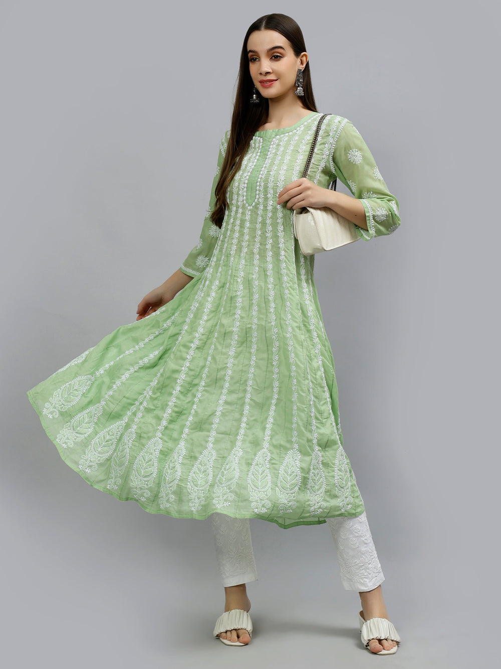 Green-Terivoil-Hand-Embroidered-Chikankari-Anarkali-Kurti