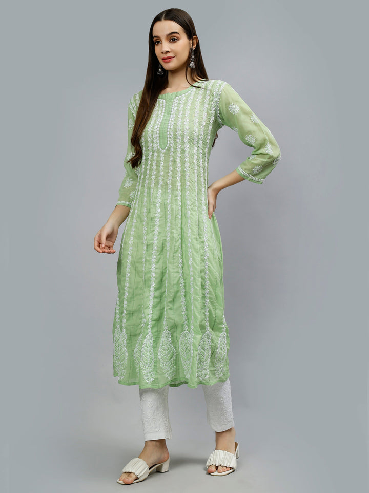 Green-Terivoil-Hand-Embroidered-Chikankari-Anarkali-Kurti