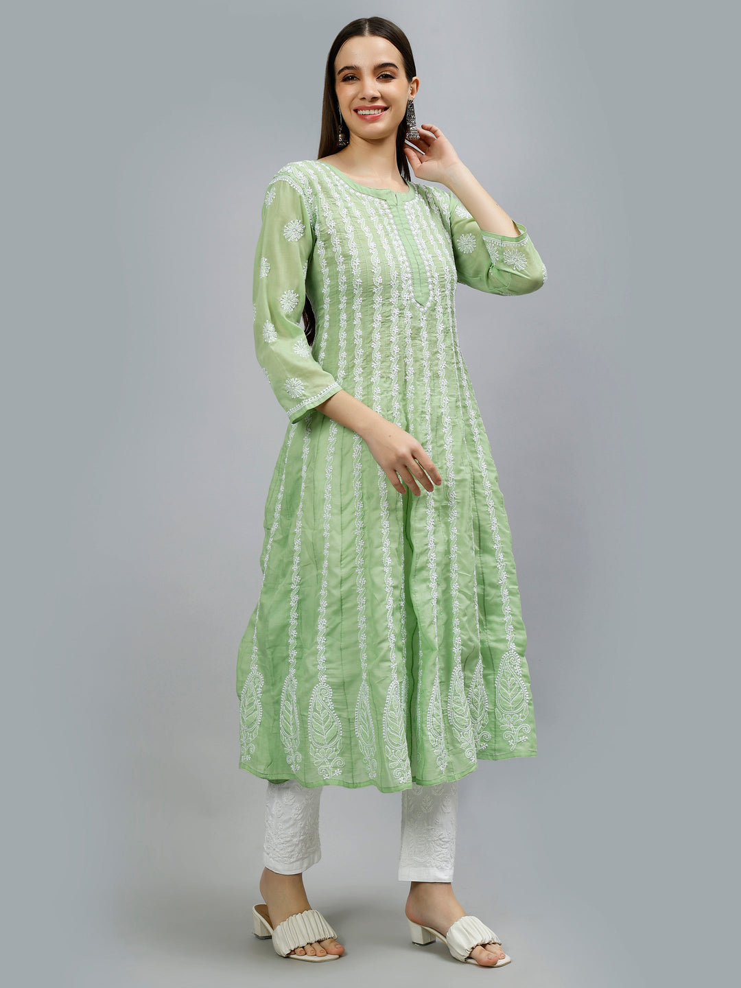 Green-Terivoil-Hand-Embroidered-Chikankari-Anarkali-Kurti