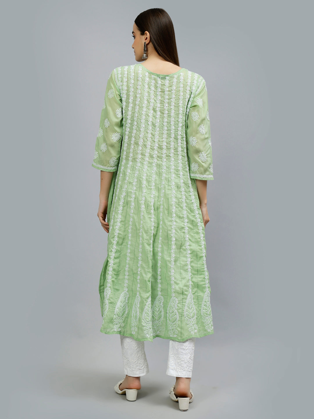 Green-Terivoil-Hand-Embroidered-Chikankari-Anarkali-Kurti