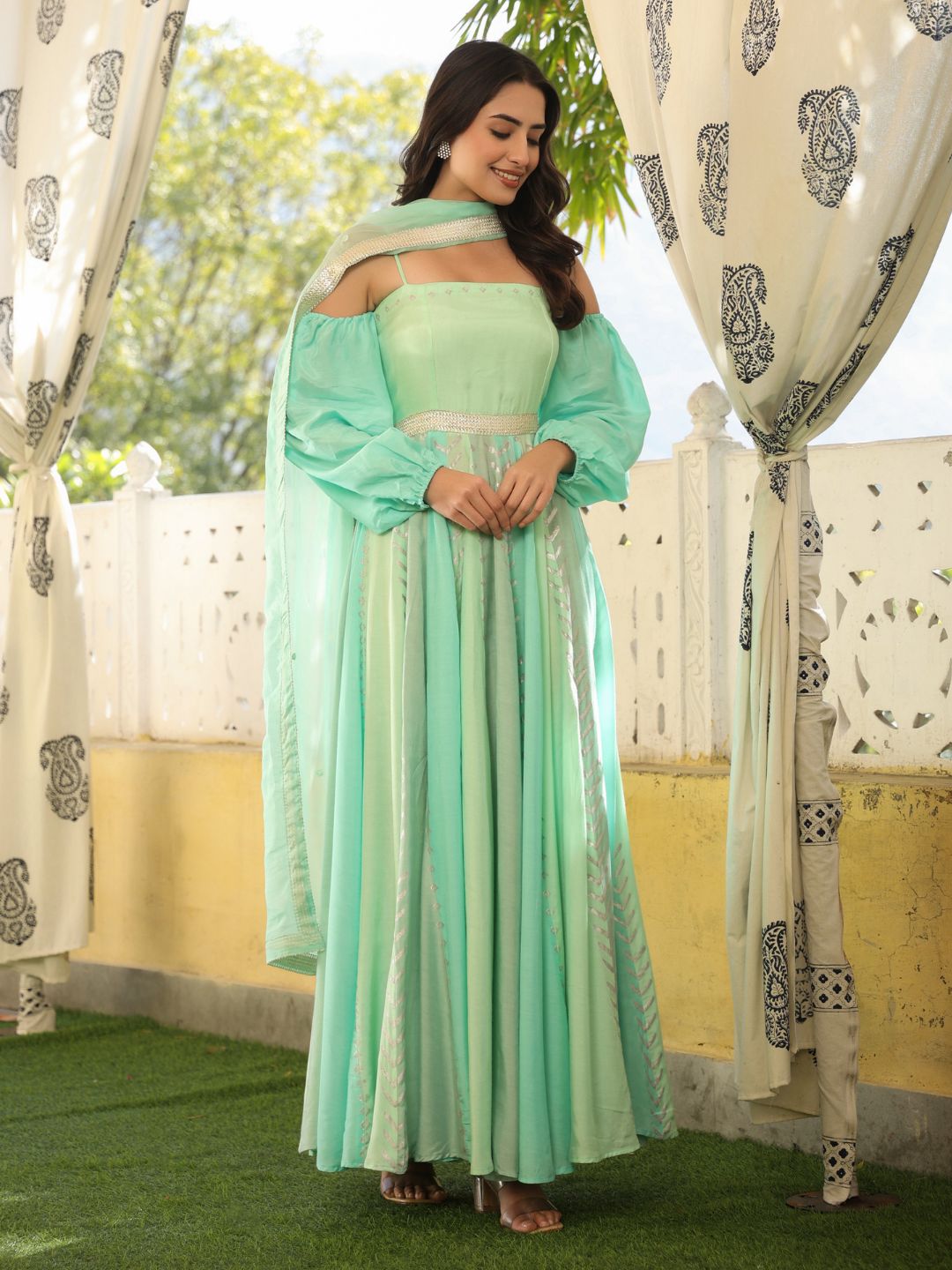 Green-Viscose-Muslin-Gown-With-Dupatta