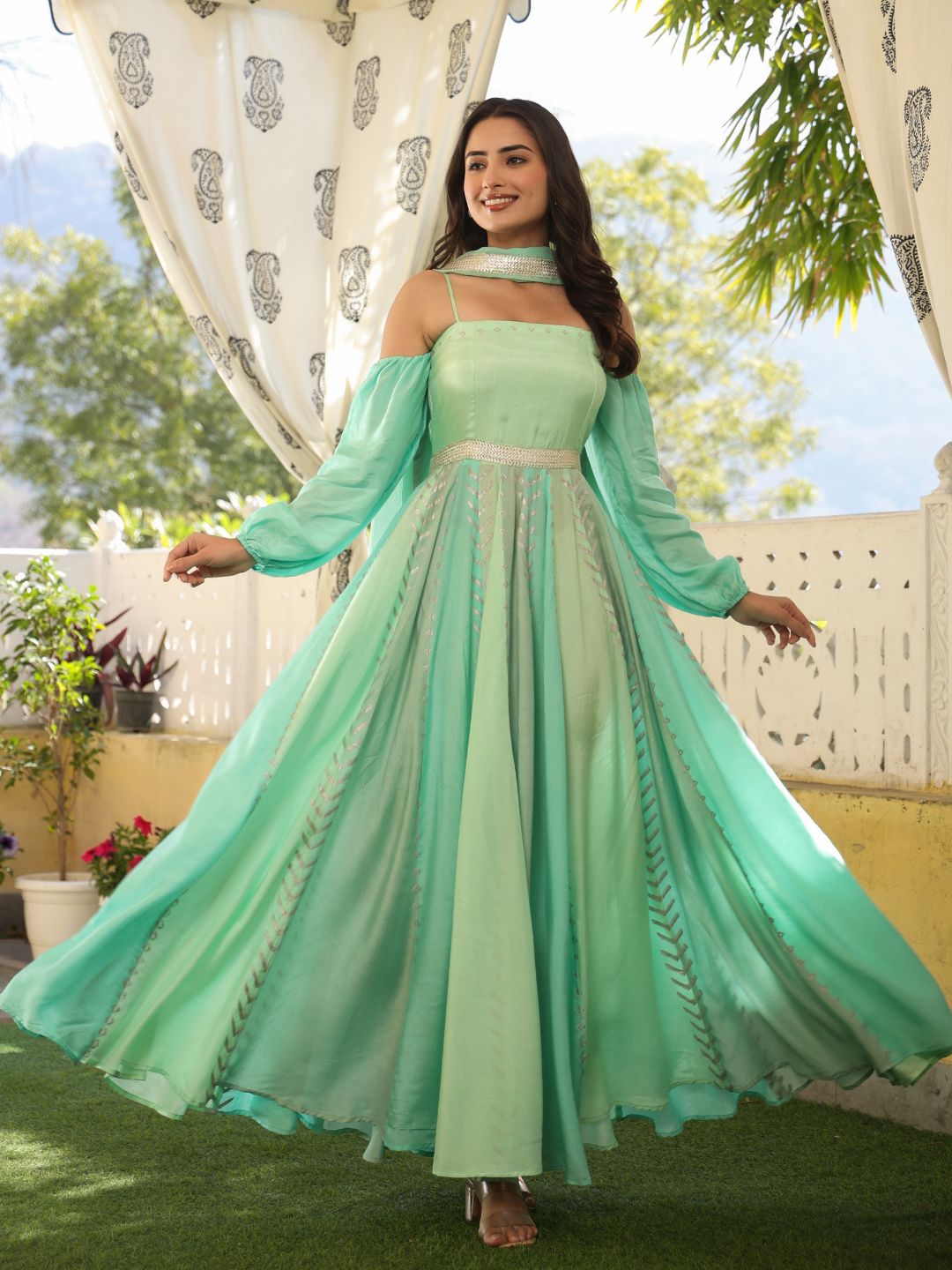 Green-Viscose-Muslin-Gown-With-Dupatta