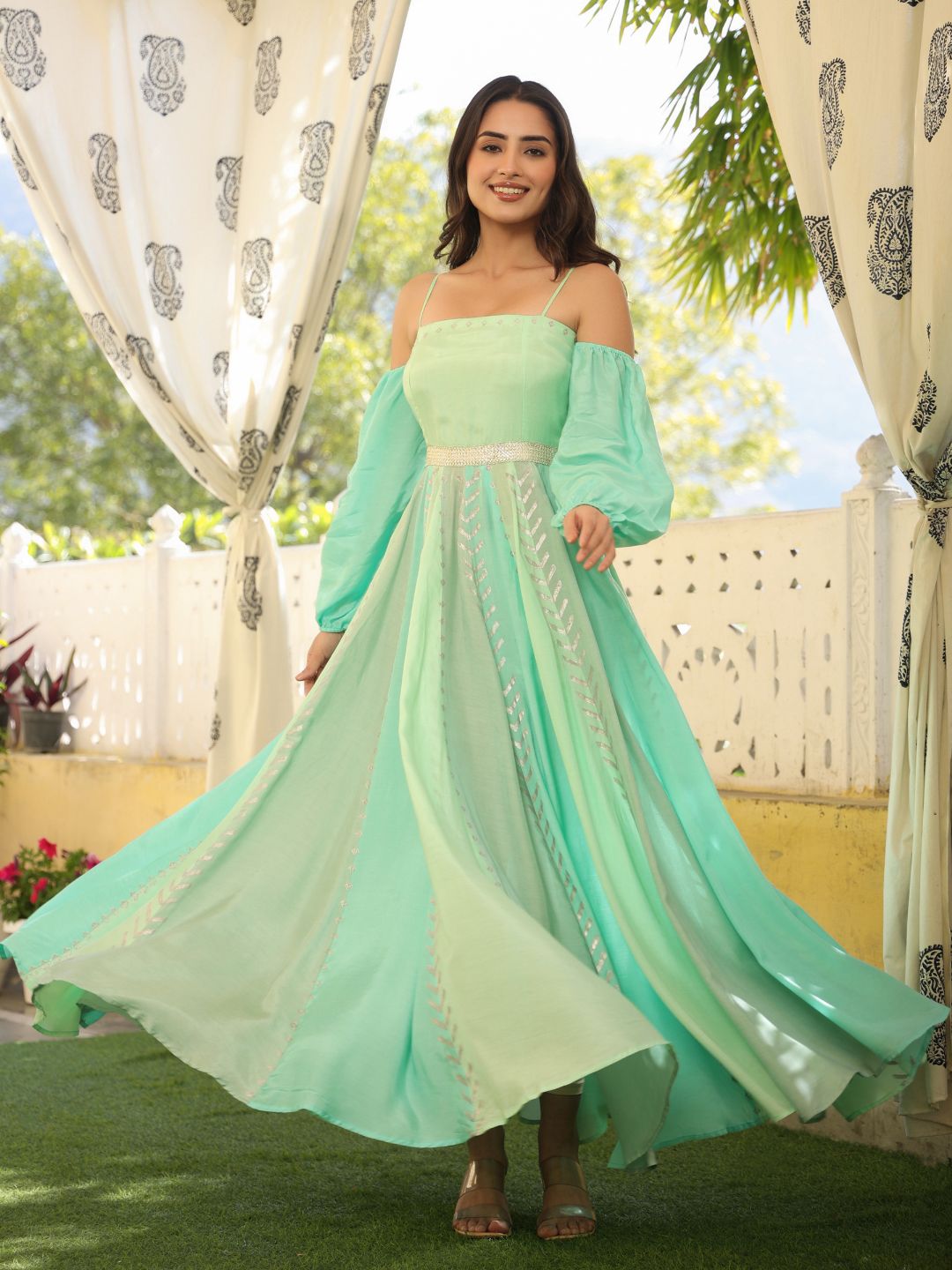 Green-Viscose-Muslin-Gown-With-Dupatta